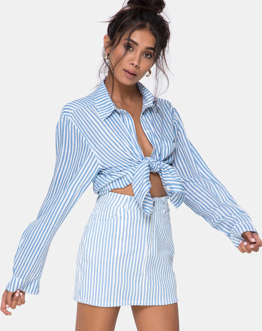 Mini Broomy Skirt in Basic Stripe Blue and White - Awmao