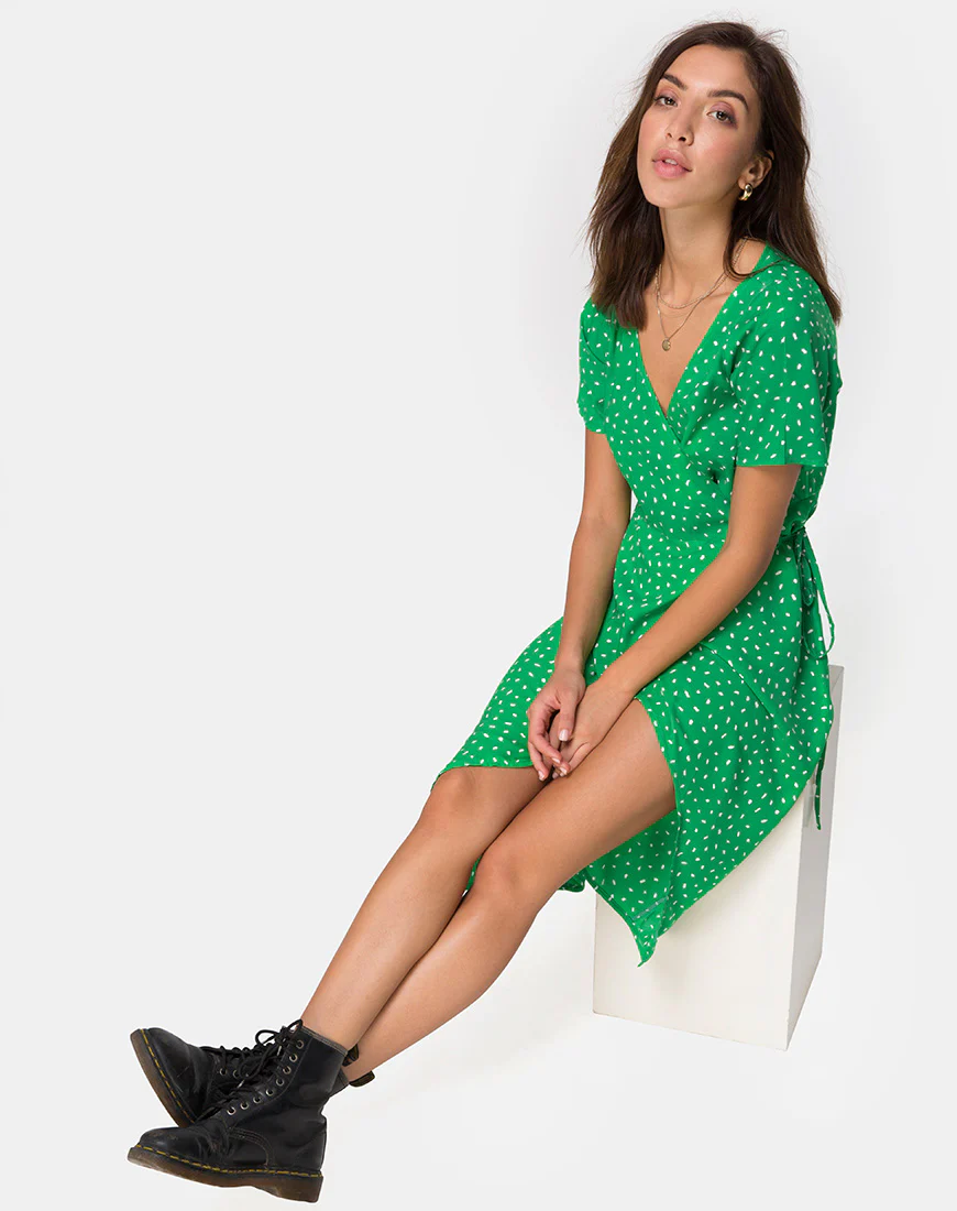Trasti Wrap Dress in Mini Diana Dot Green - Awmao