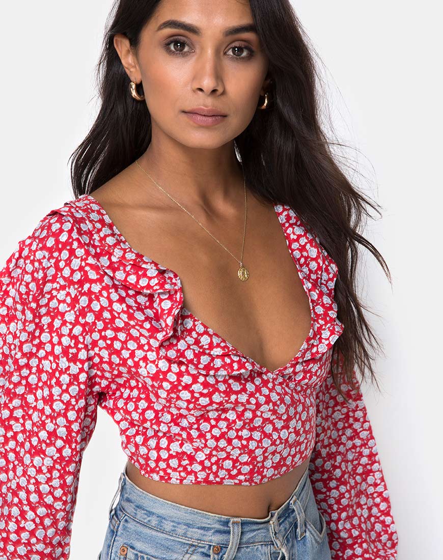 Koniva Crop Top in Ditsy Rose Red and Silver - Awmao