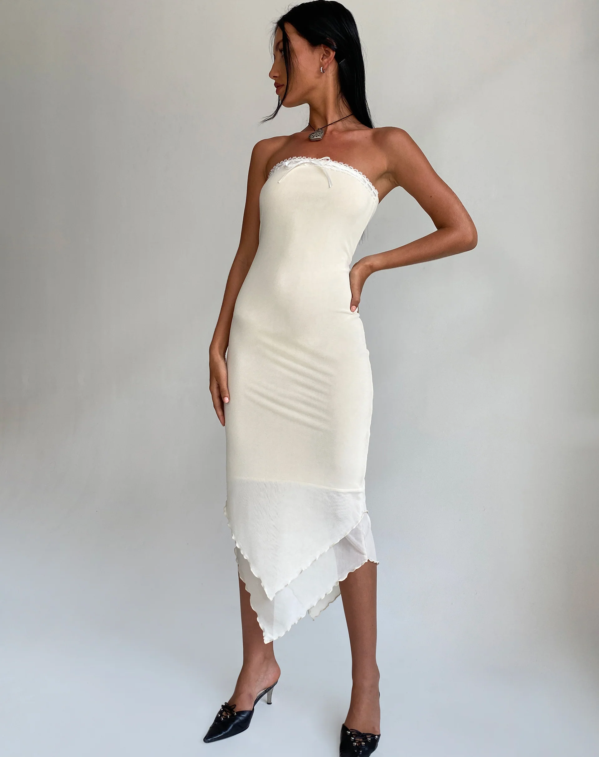 Marve Bandeau Maxi Dress in Mesh Cream - Awmao