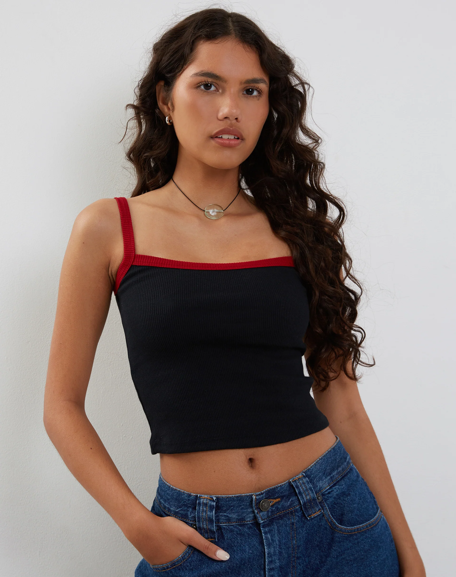 Icah Ribbed Vest Top in Black with Red Binding - Awmao
