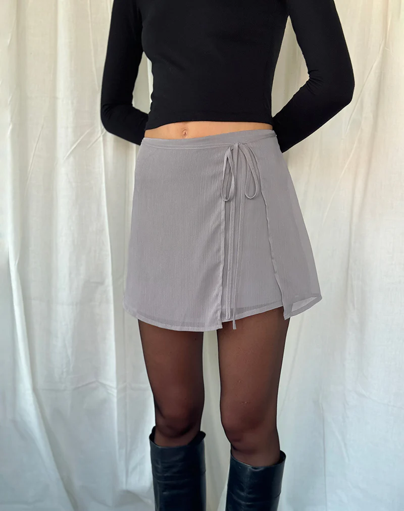 Keira Mini Wrap Skirt in Chiffon Lilac Grey - Awmao