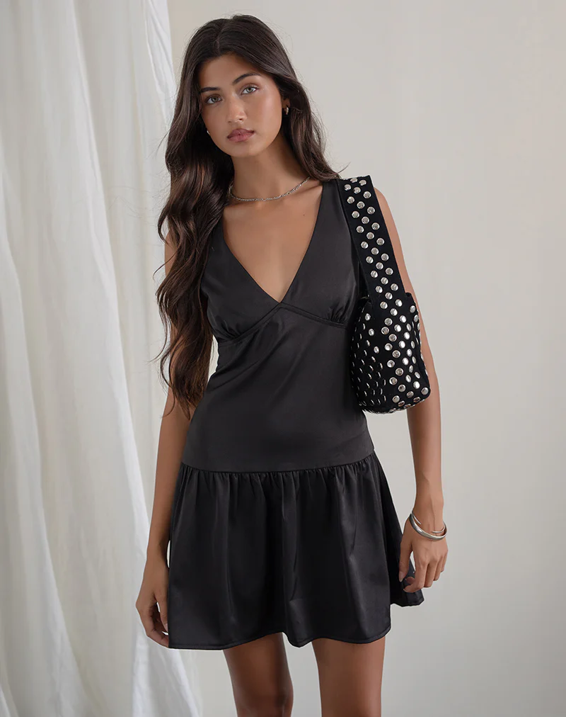 Distia Plunge Puff Mini Dress in Black - Awmao
