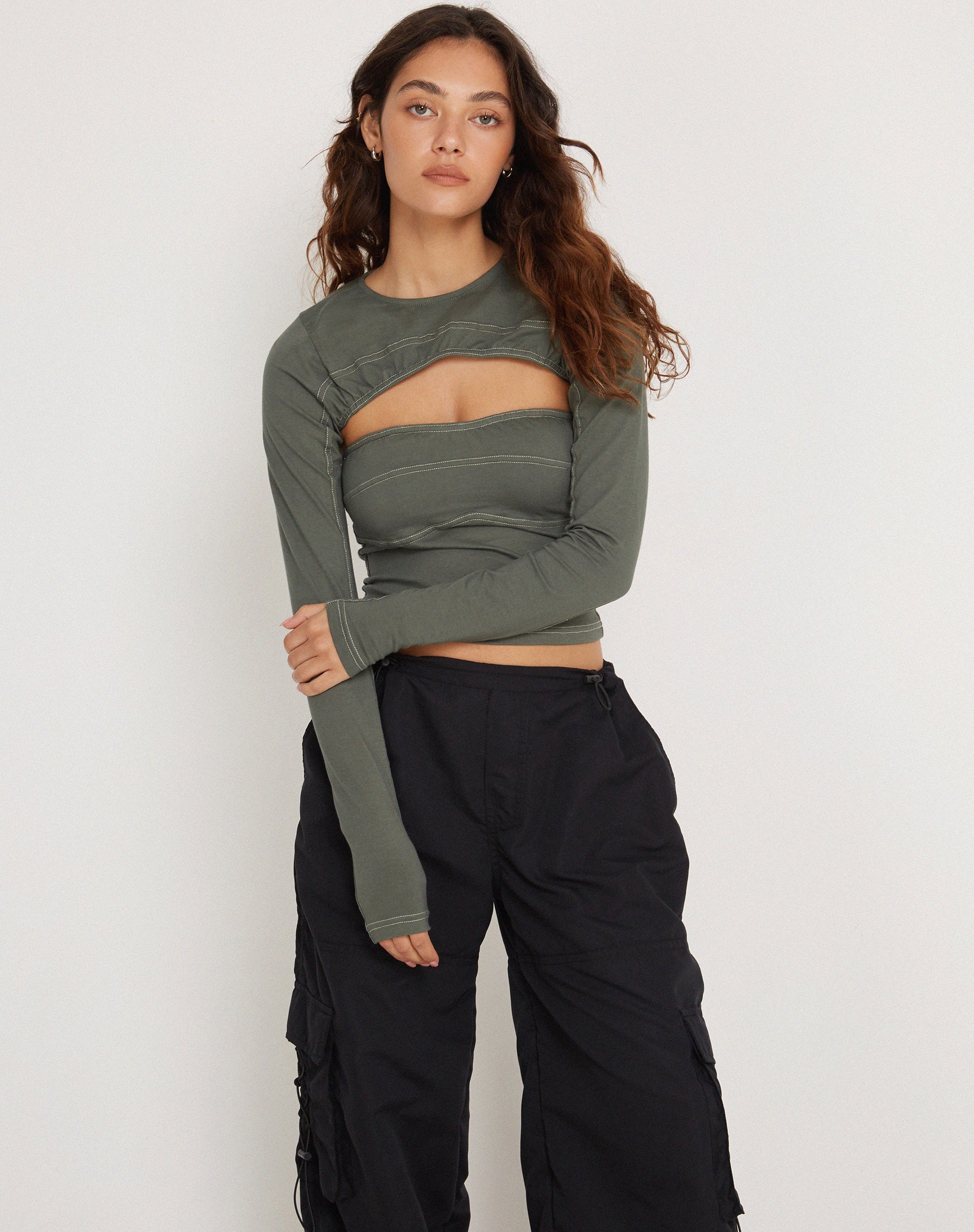 Matea Long Sleeve Top in Duck Green with Yellow Top Stitch - Awmao