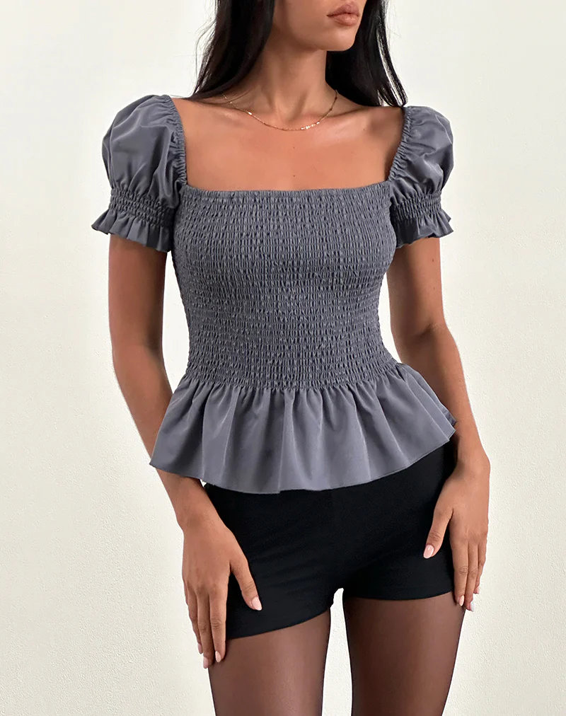 Notina Puff Sleeve Top in Shirred Grey - Awmao