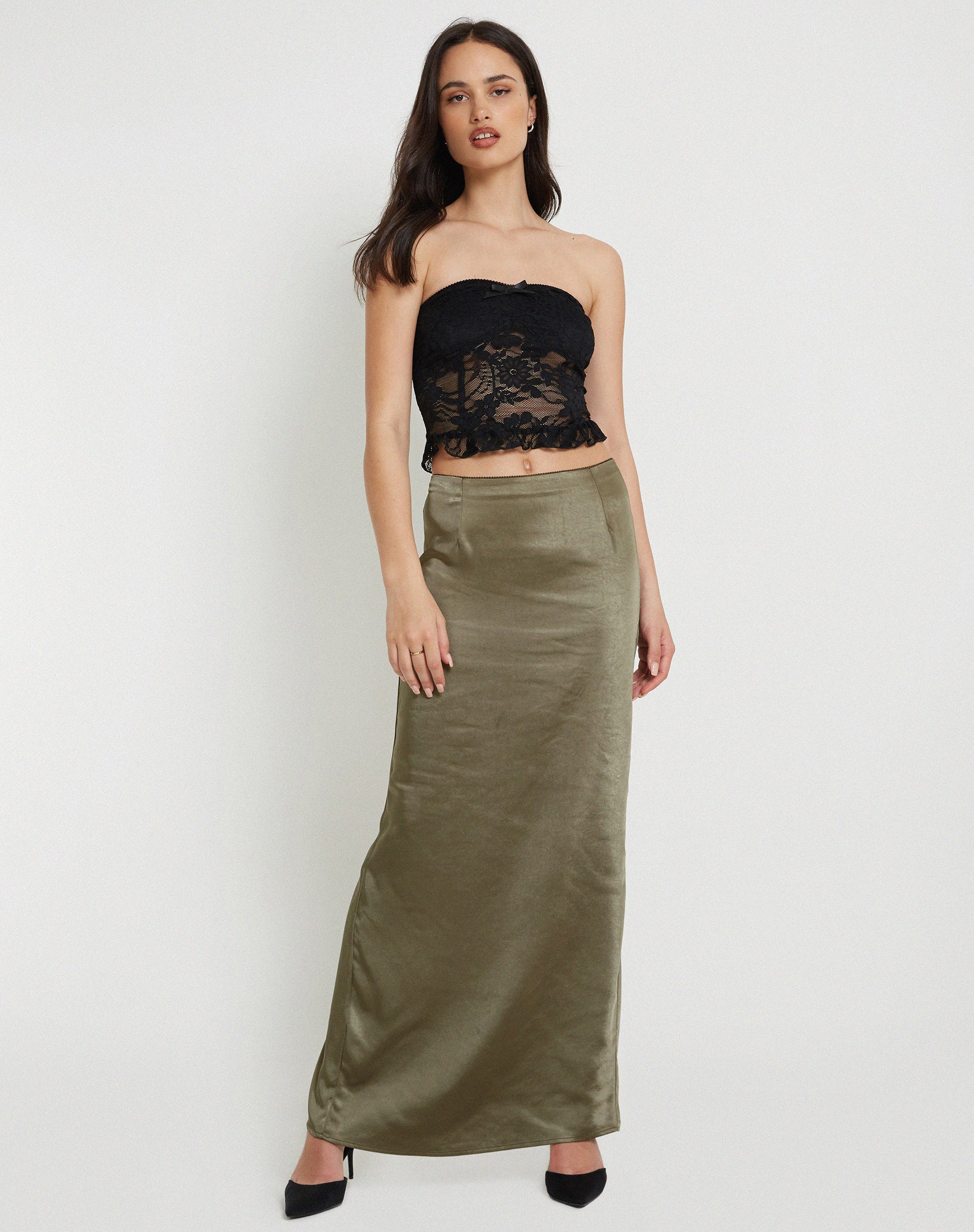 Layla Maxi Skirt in Satin Dark Olive - Awmao