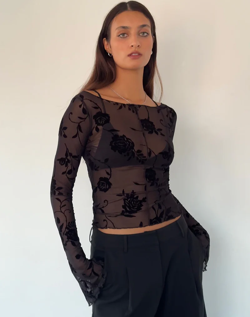 Zerlin Unlined Long Sleeve Top in Rose Flock Black - Awmao