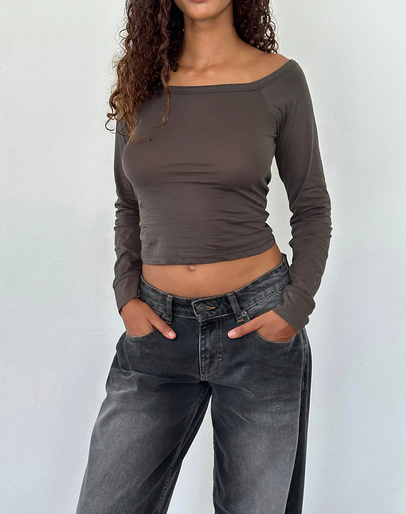 Gavya Long Sleeve Bardot Top in Olive Jersey - Awmao
