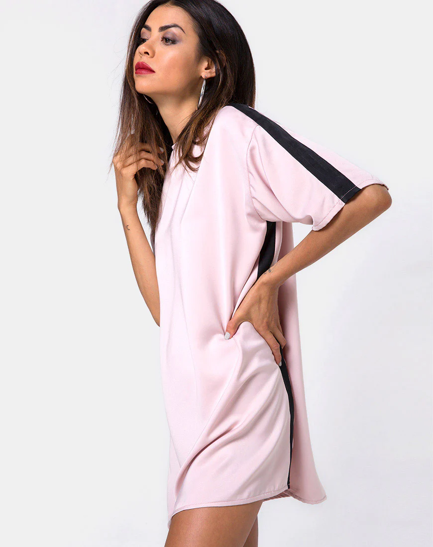 Dore T-Shirt Dress in Blush with Black Stripe - Awmao
