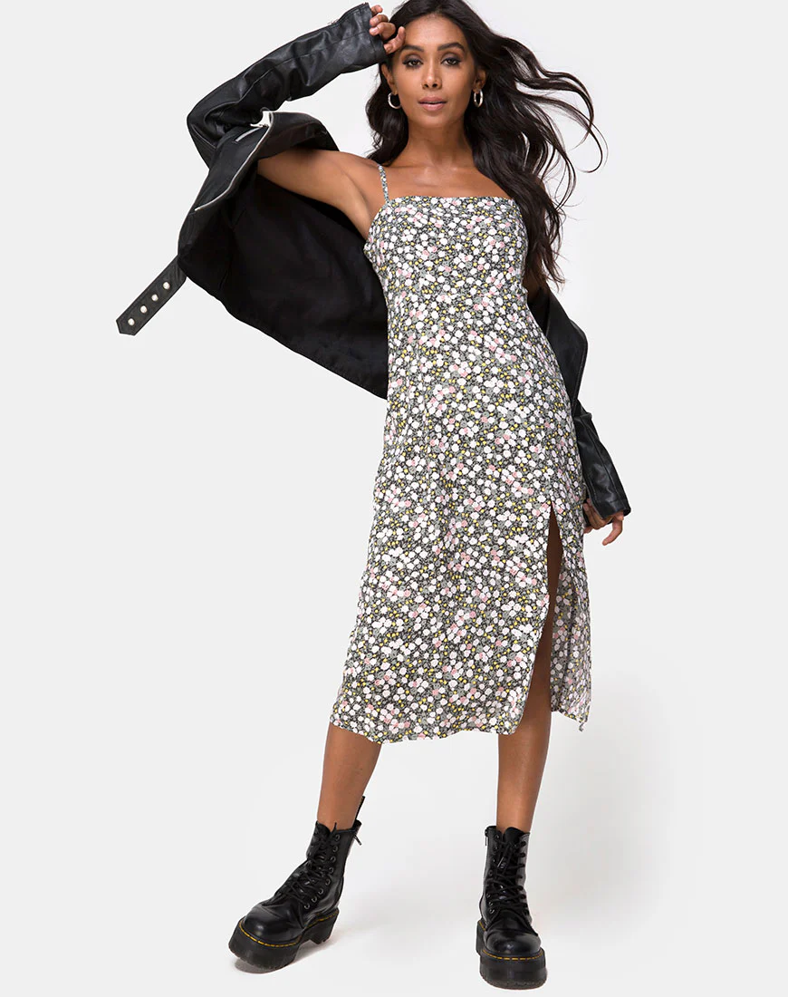 Kaoya Midi Dress in Floral Field Olive - Awmao