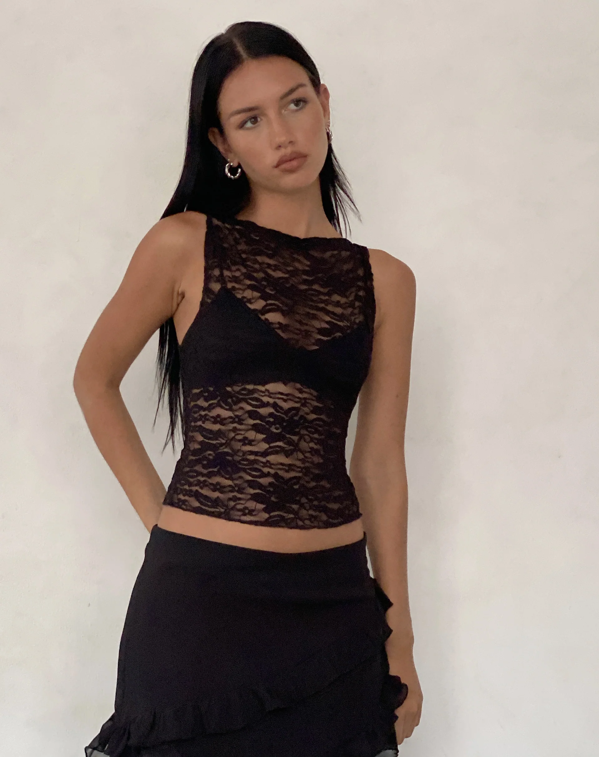 Dwira Lace Vest Top in Black - Awmao