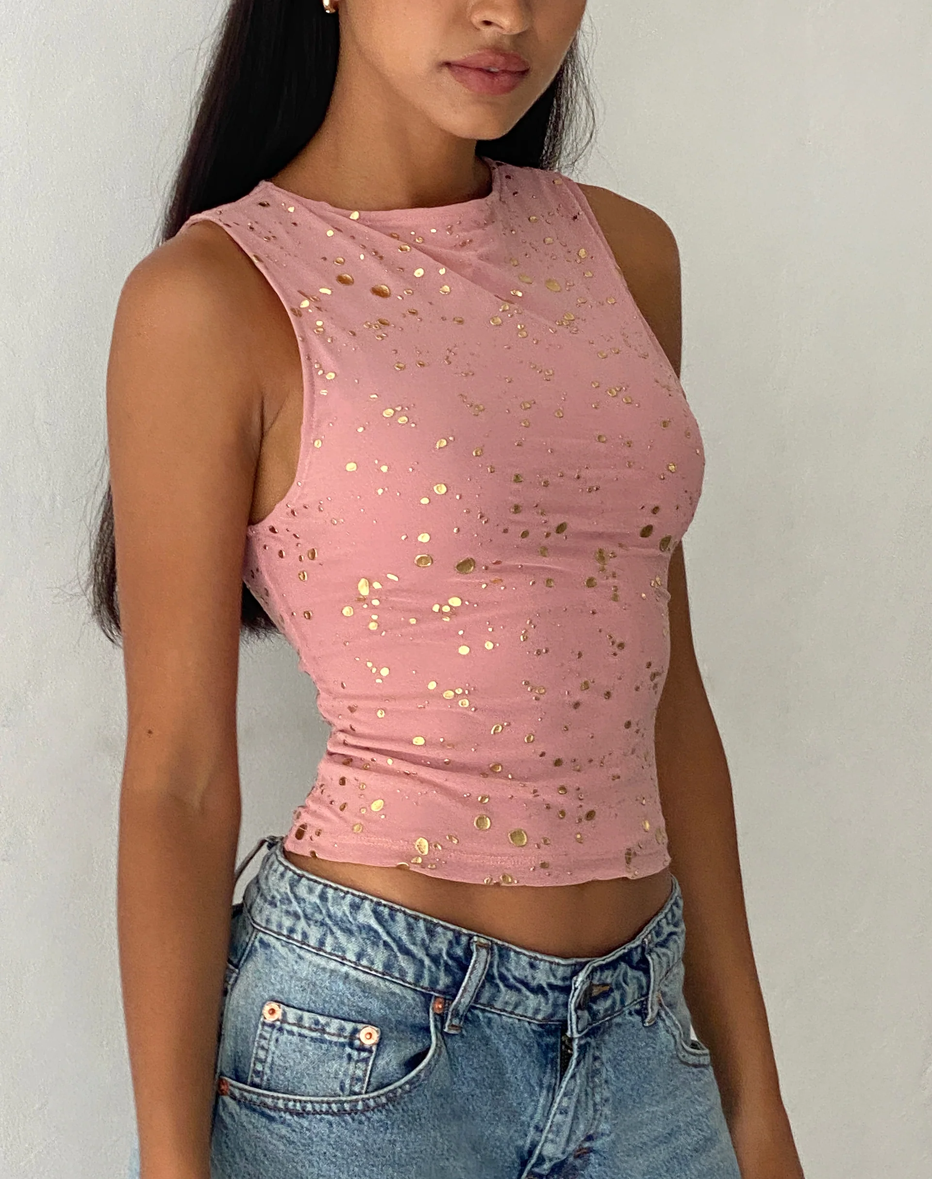 Hala Vest Top in Pink with Rose Gold Foil - Awmao