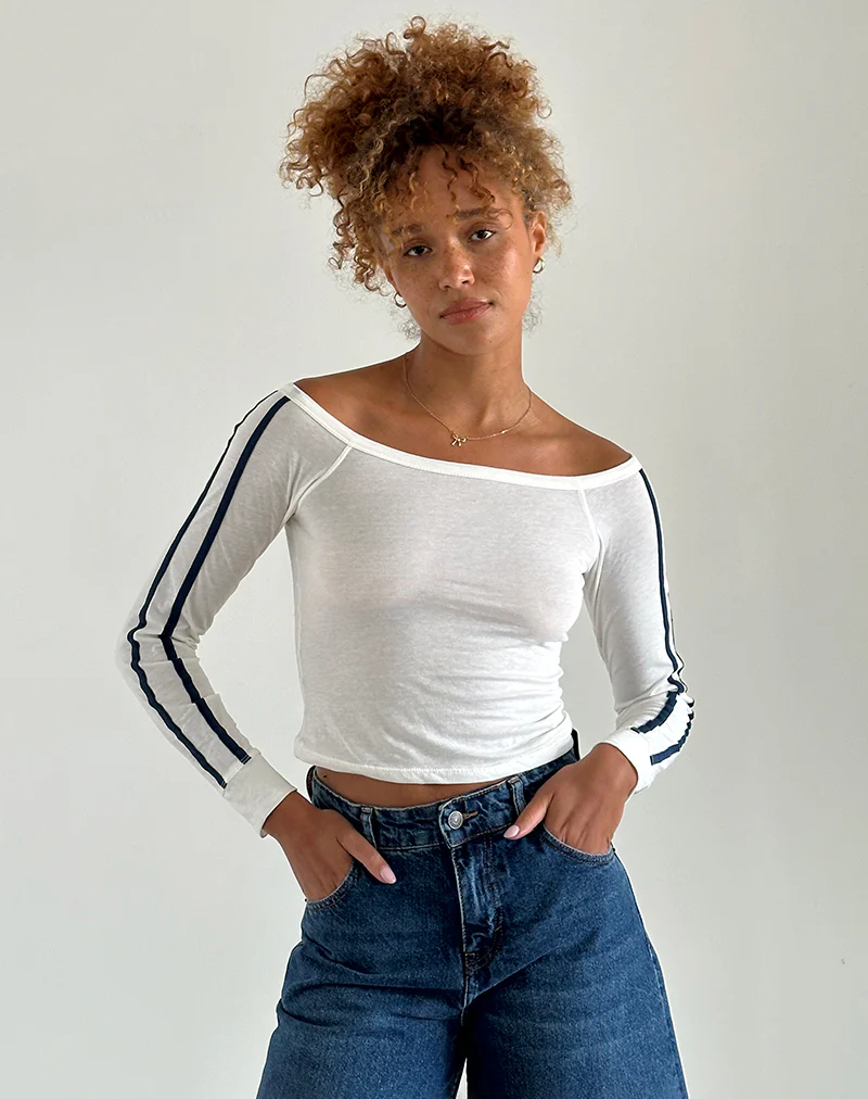 Gavya Long Sleeve Top in Off White with Navy Stripe - Awmao