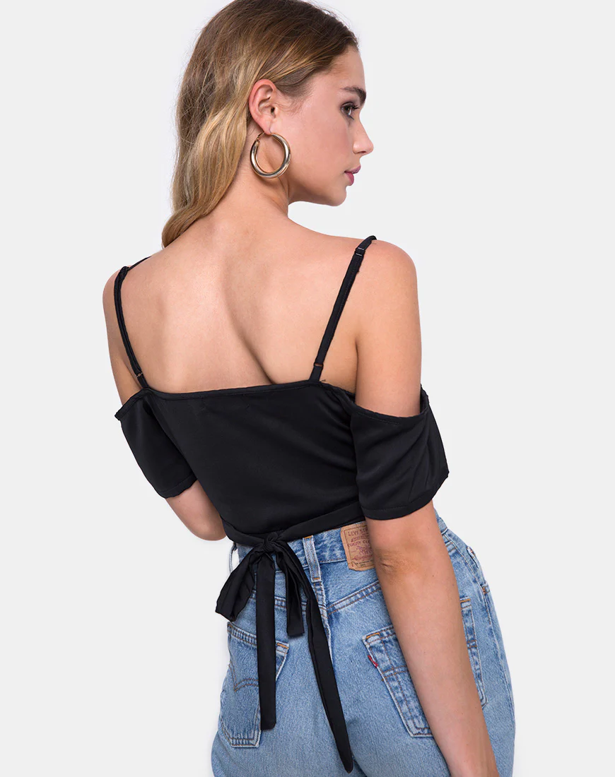 Renta Cold Shoulder Top in Satin Black - Awmao