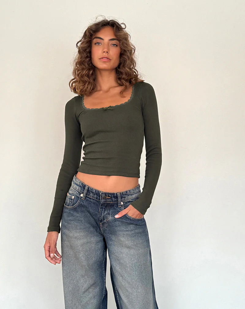 Bovita Long Sleeve Ribbed Top in Olive - Awmao