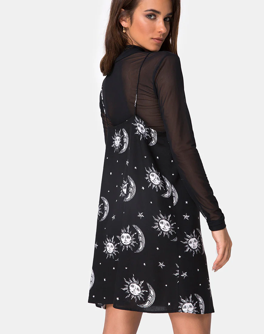 Sanna Slip Dress in Sun Moon Stars BW - Awmao