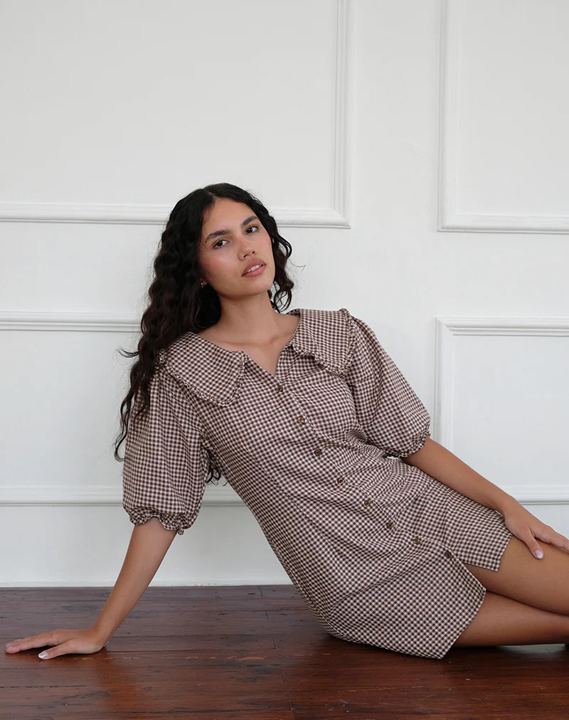 Deja Dress in Mini Gingham Brown - Awmao