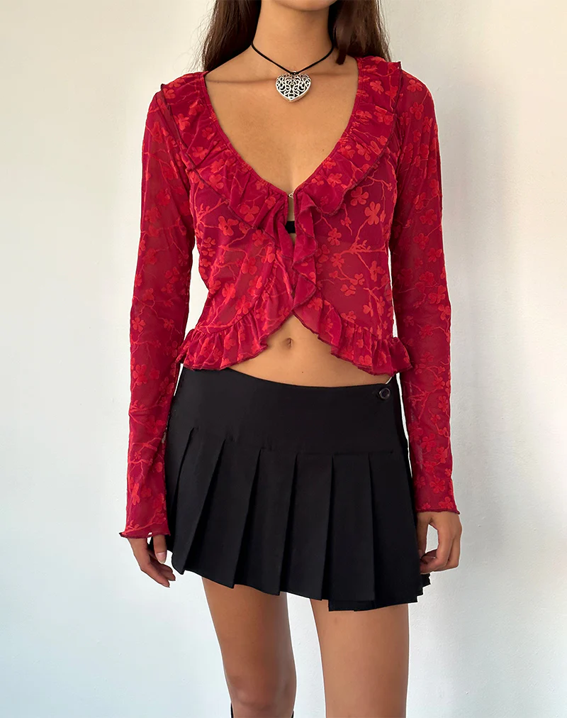 Noemi Cardigan in Red Grunge Floral Flock - Awmao