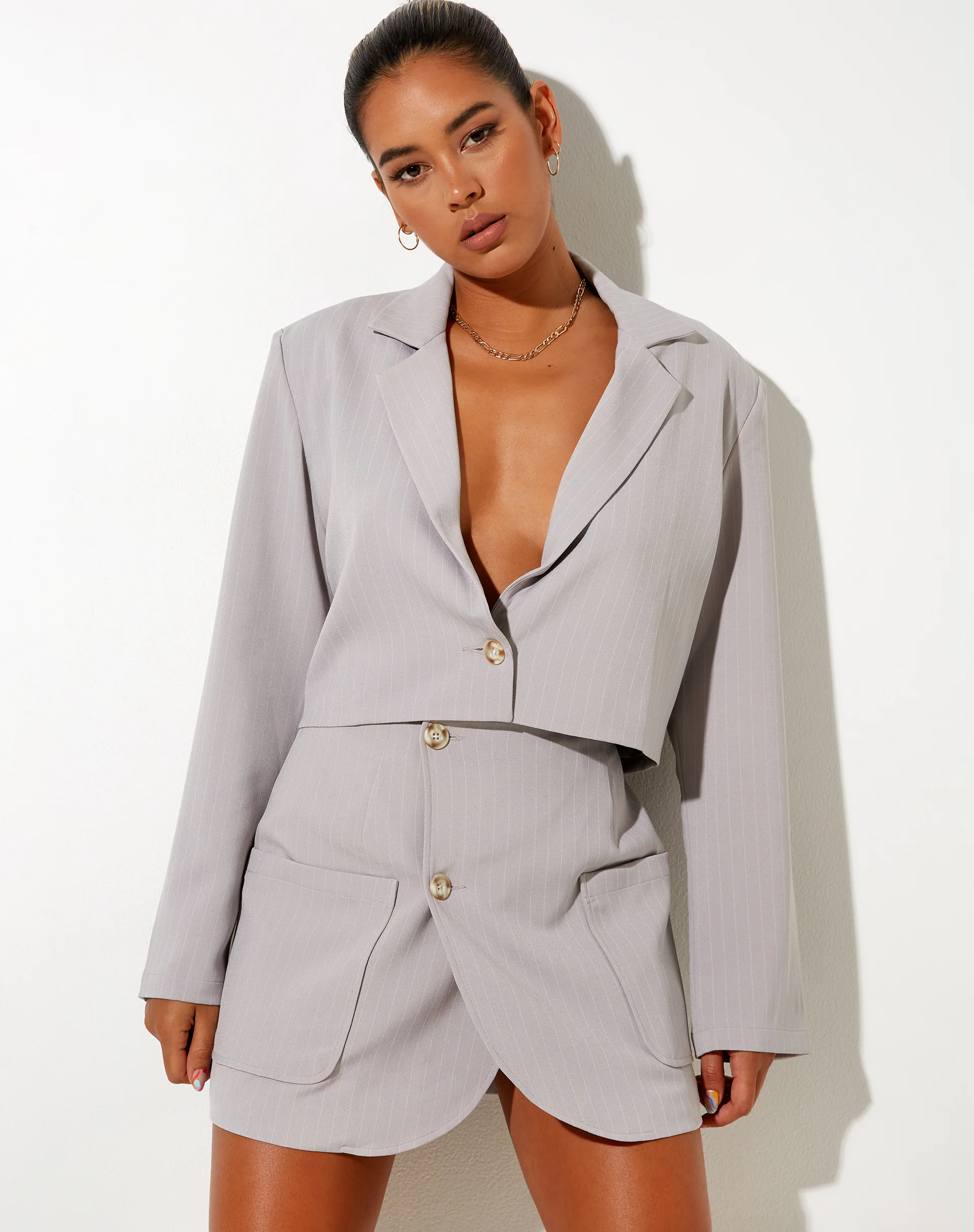 Nolya Blazer in Pinstripe Silver Grey - Awmao