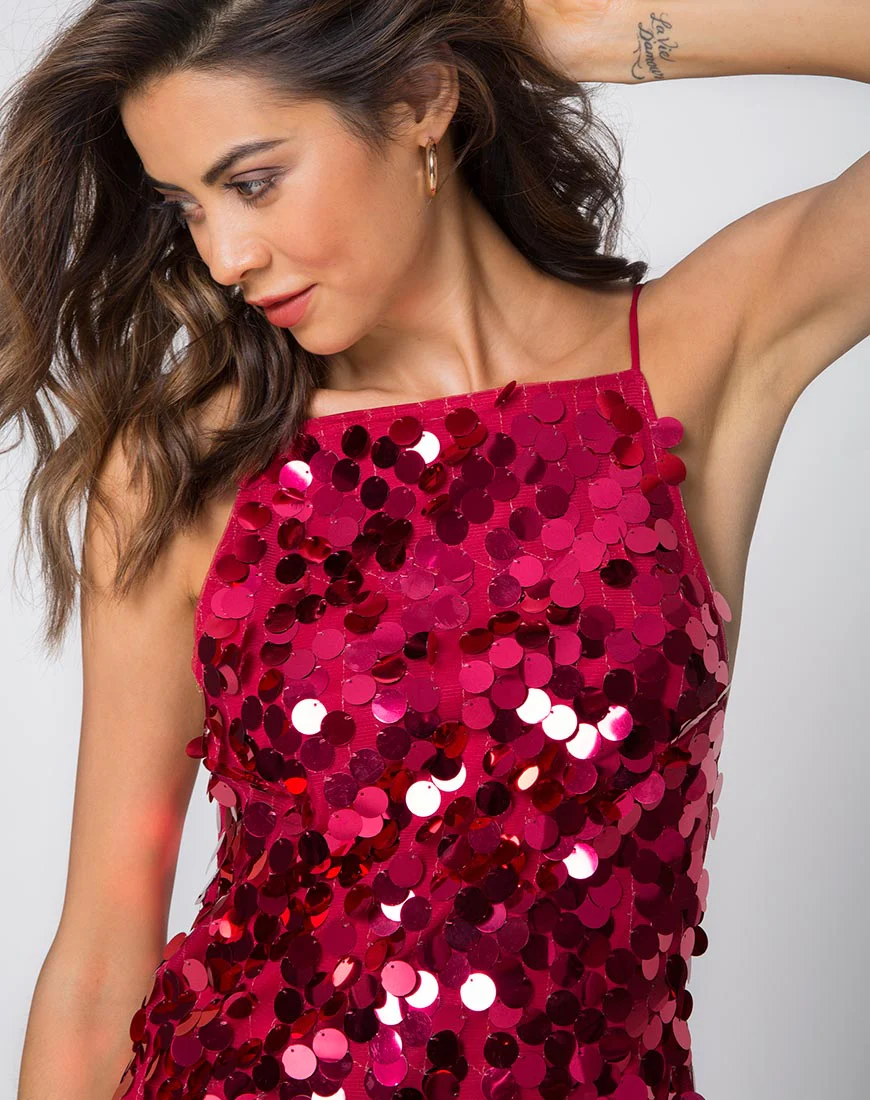 Corine Slip Dress in Red Cherry Disc Sequin - Awmao