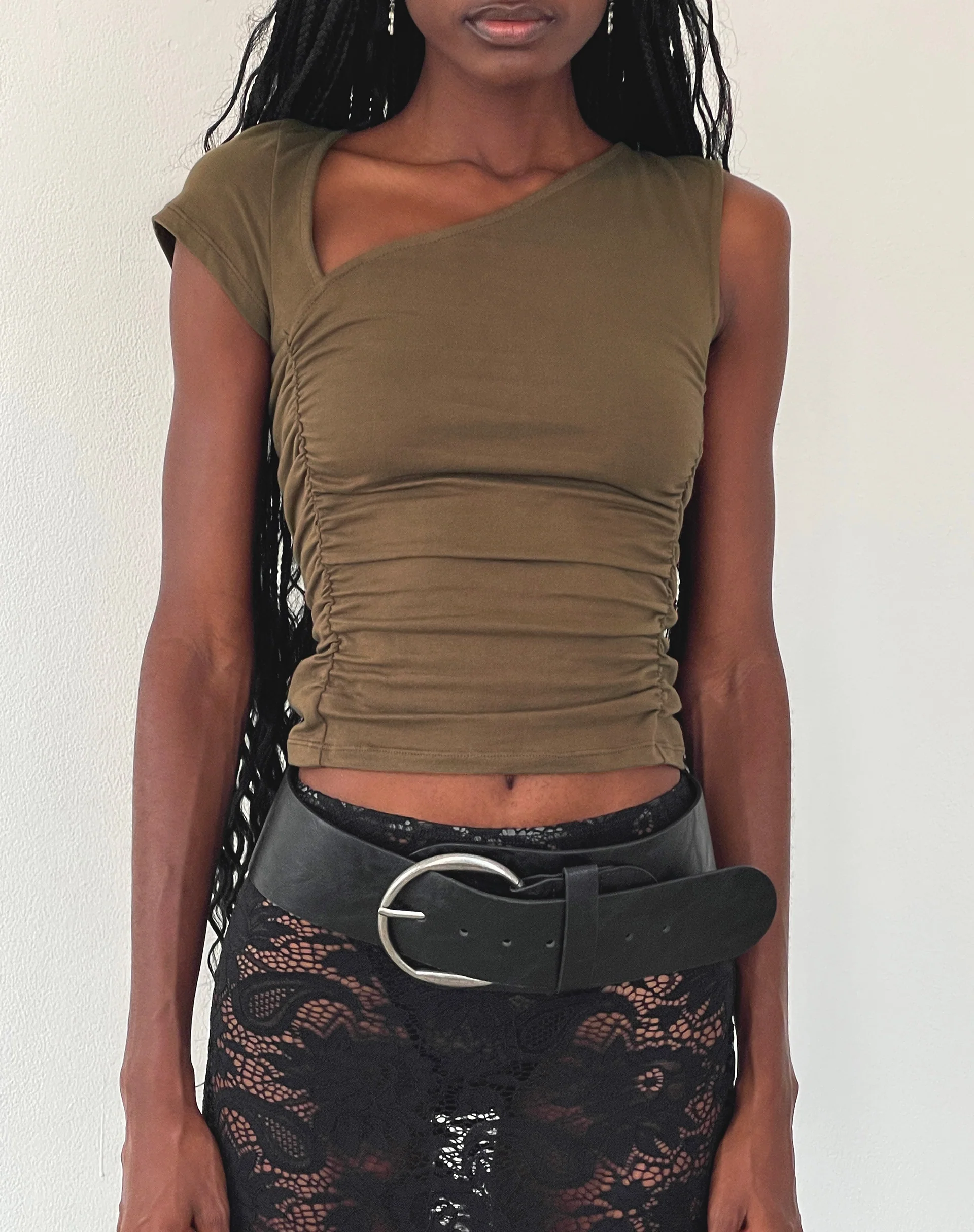 Sunhee Slash Neck Asymmetrical Top in Mocca - Awmao
