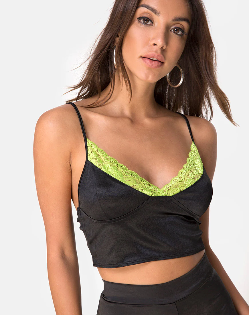 Dyrilla Top in Satin Black with Lime Lace - Awmao