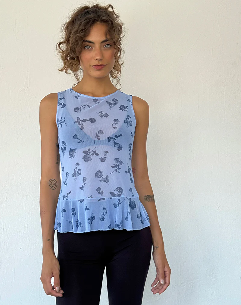 Katnis Top in Inky Blue Floral Mesh - Awmao