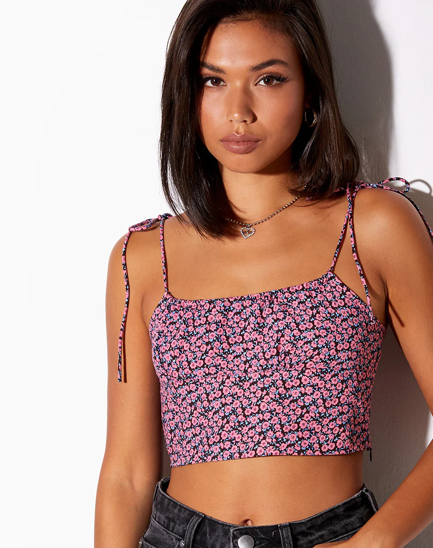 Hemary Crop Top in Floral Fun Pink - Awmao