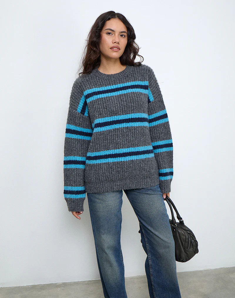 Lunet Knitted Jumper in Stripe Grey and Blue - Awmao