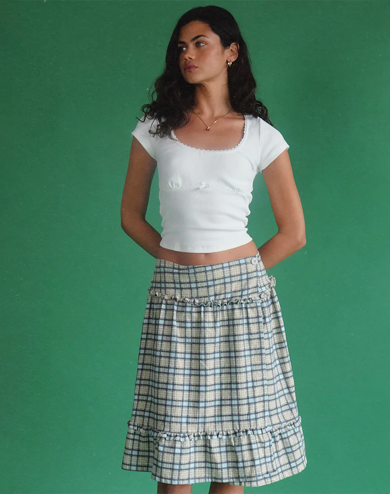 Kasya Midi Skirt in Pastel Blue Tartan - Awmao