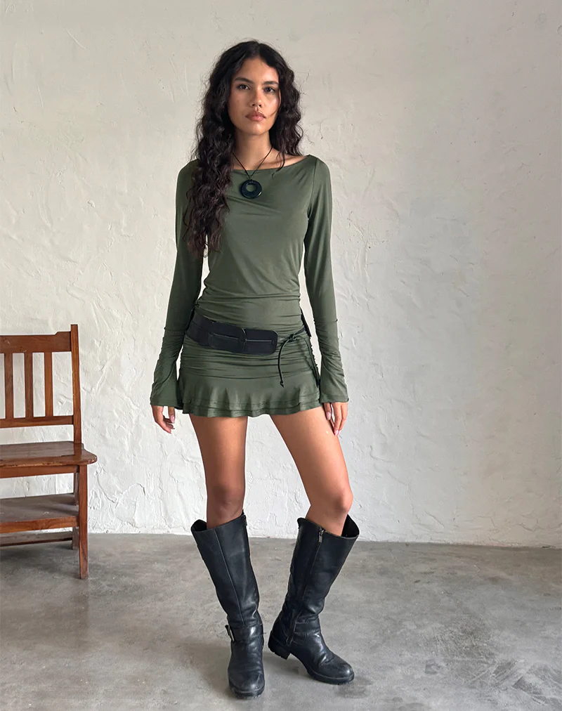 Gillian Long Sleeve Mini Dress in Slinky Khaki - Awmao