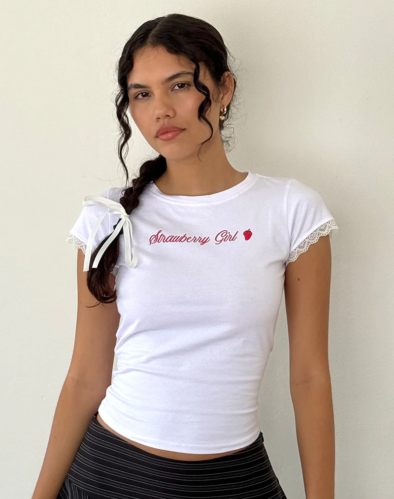 Izzy Top in White Strawberry Girl Script - Awmao