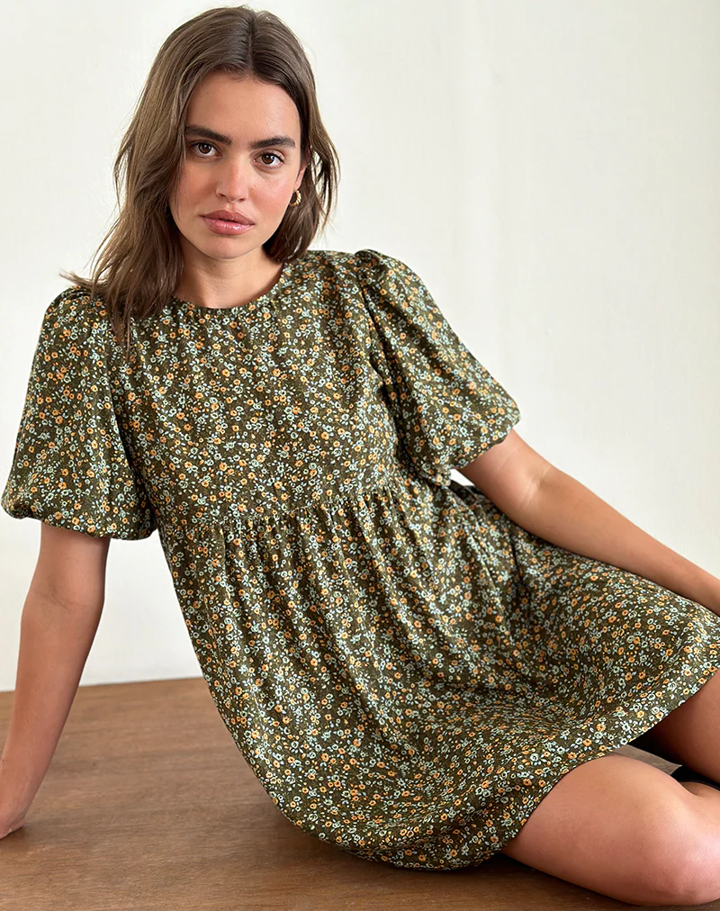 Marate Puff Sleeve Mini Dress in Grunge Floral Khaki - Awmao