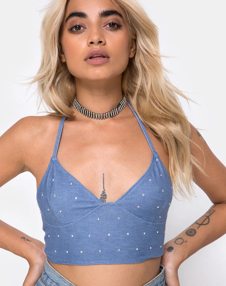 Dyla Crop Top in Blue Denim Hot Fix - Awmao