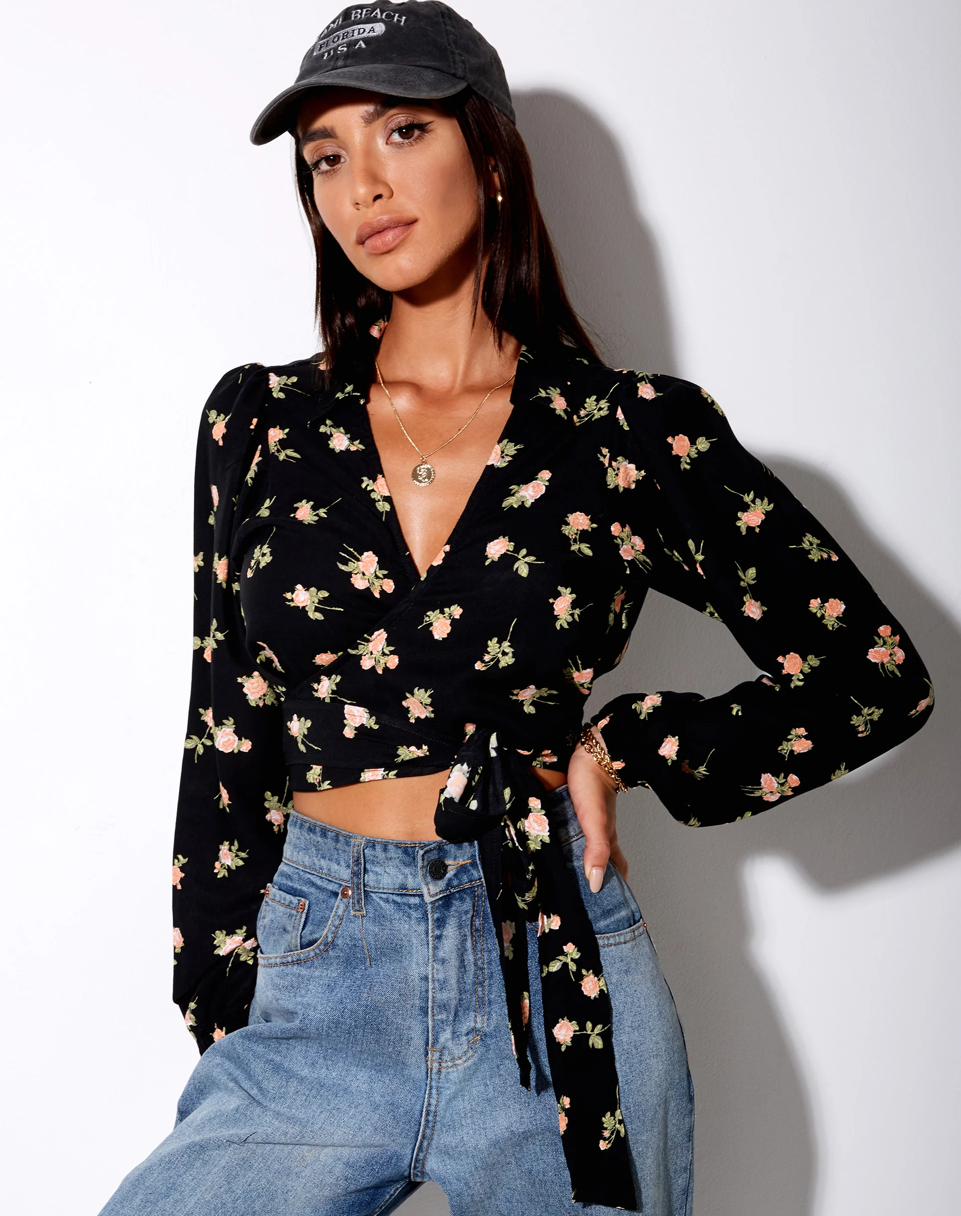 Briza Crop Top in Rose Garden Black - Awmao