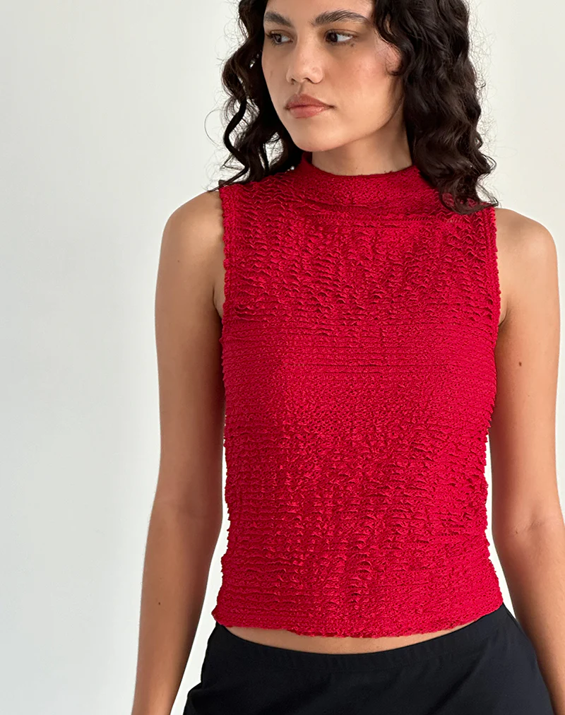 Arien Textured Mock Neck Top in Red - Awmao