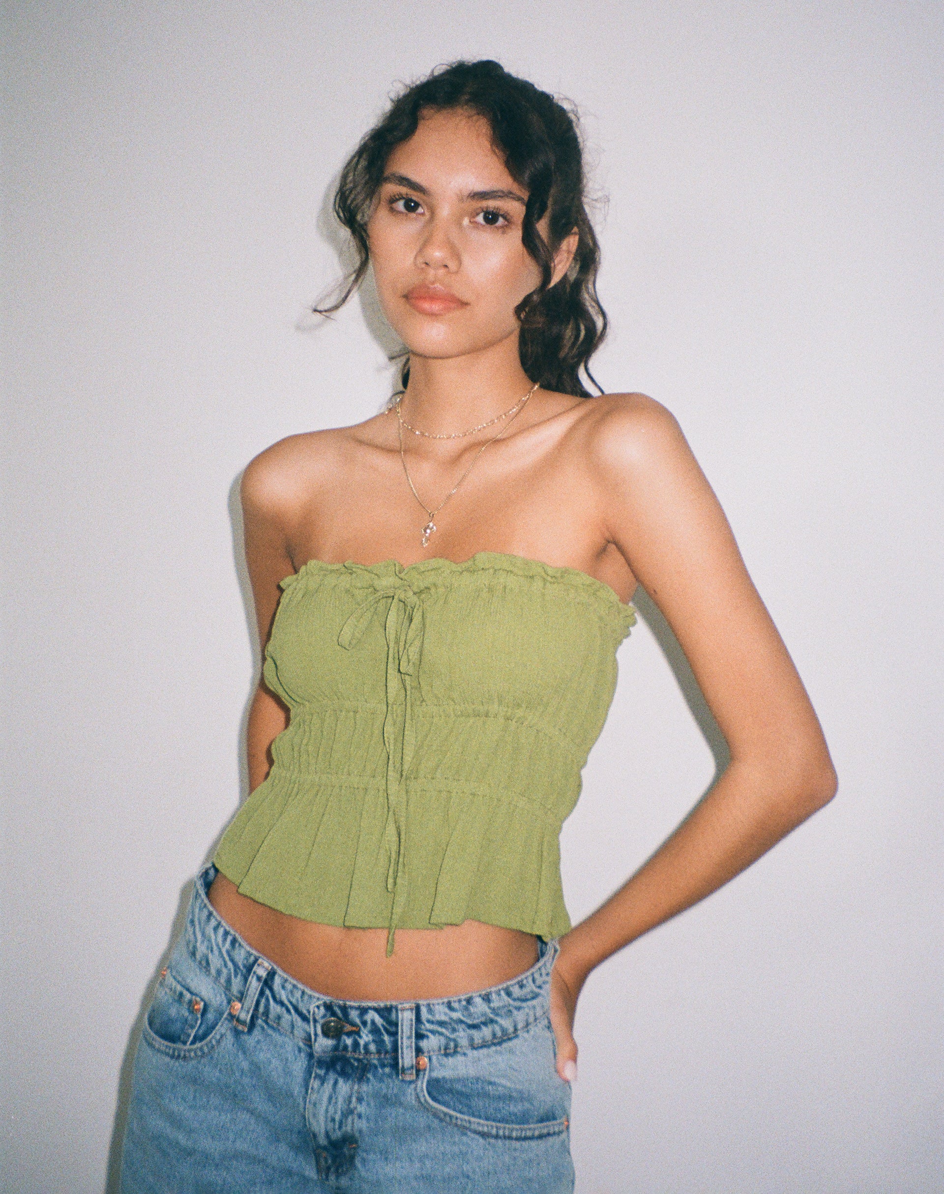 Cove Bandeau Top in Crinkle Green Sweet Pea - Awmao
