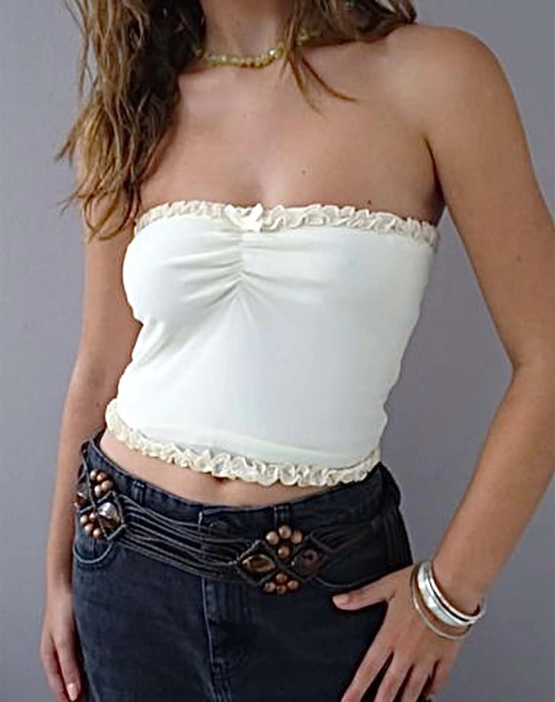 Jachai Frill Detail Bandeau Top in Off White - Awmao