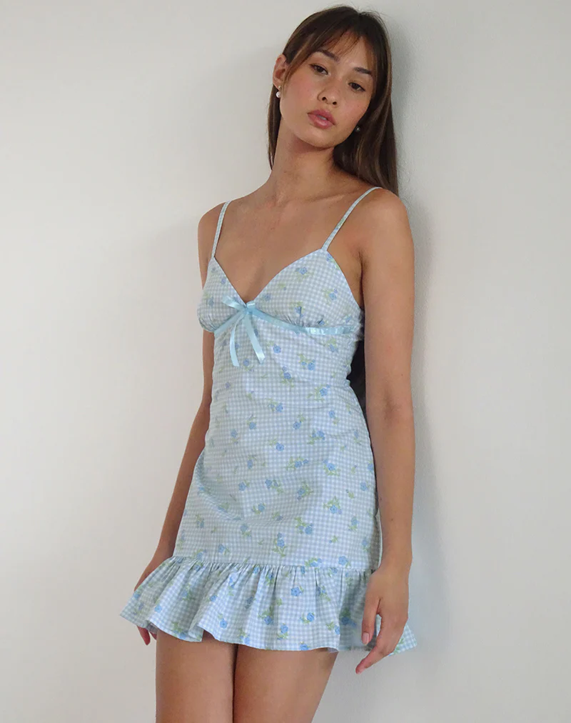 Tivata Mini Dress in Blue Flower Gingham - Awmao