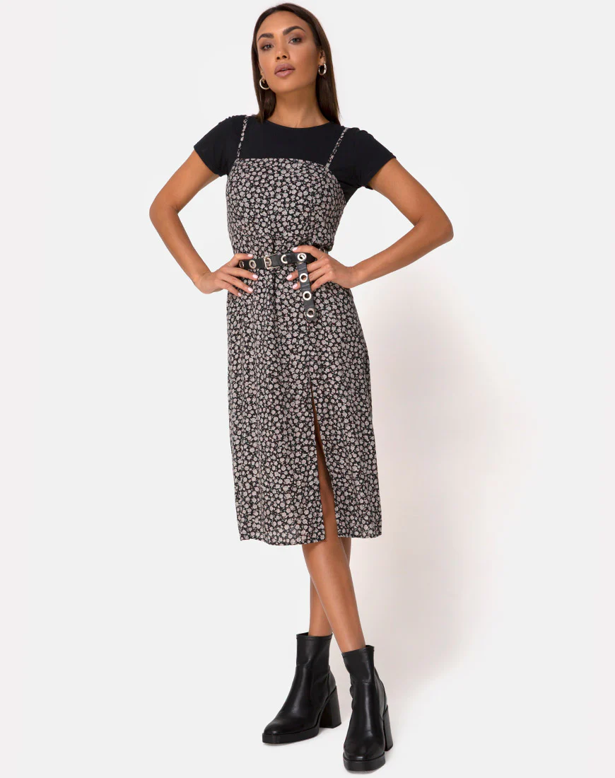 Kaoya Midi Dress in Ditsy Rose Black - Awmao
