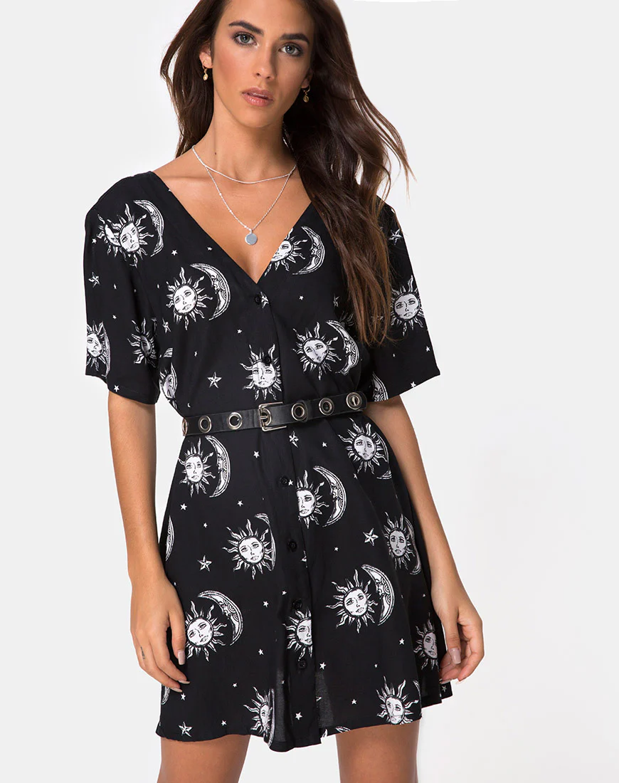 Crosena Swing Dress in Sun Moon Stars BW - Awmao