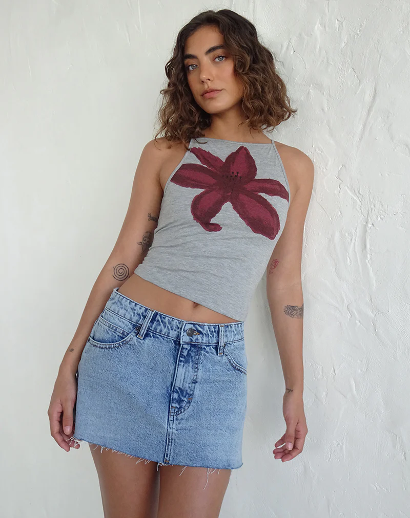 Dudley Vest Top in Grey Marl Painted Flower - Awmao