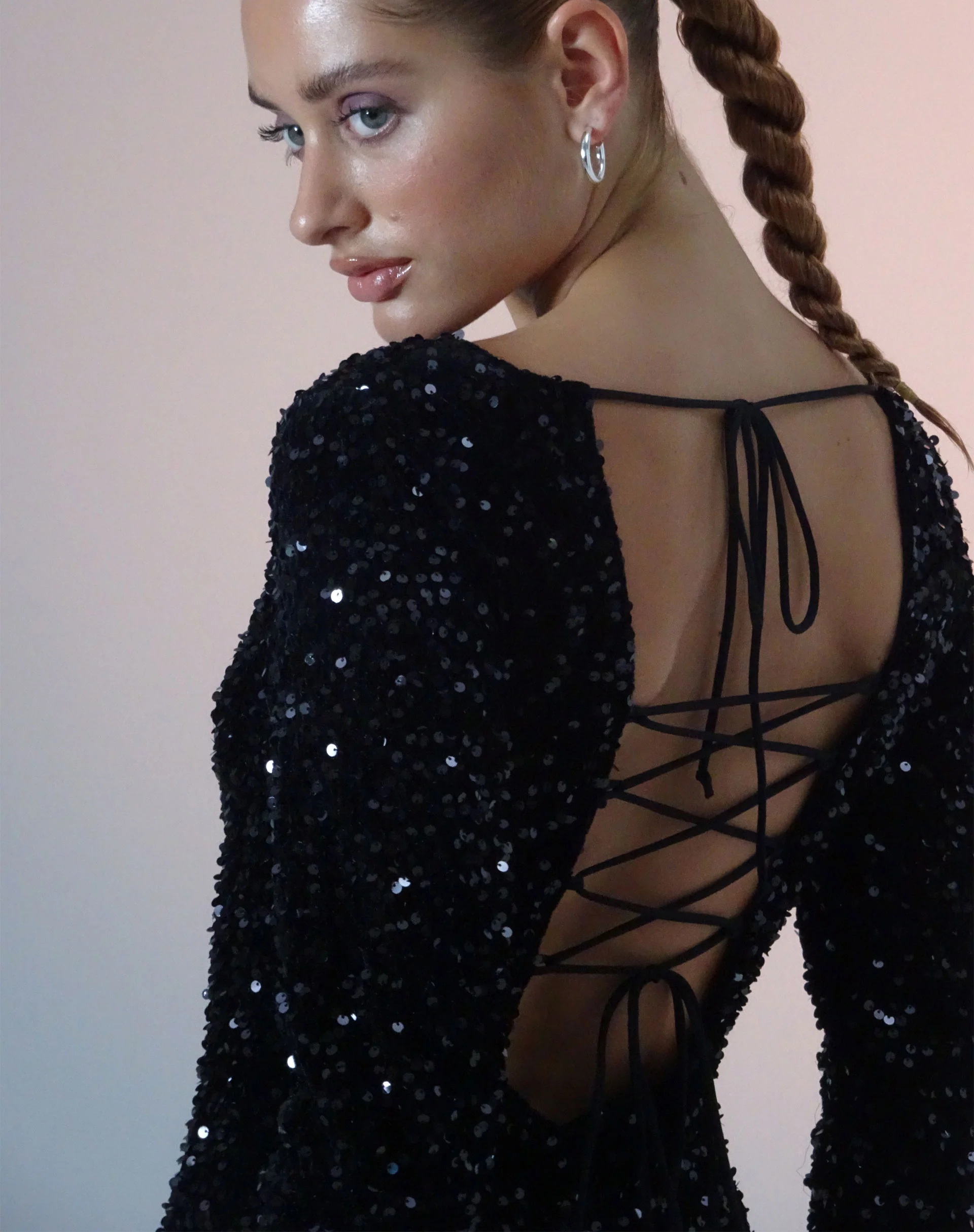 Onaki Long Sleeve Mini Dress in Mini Sequin Black - Awmao