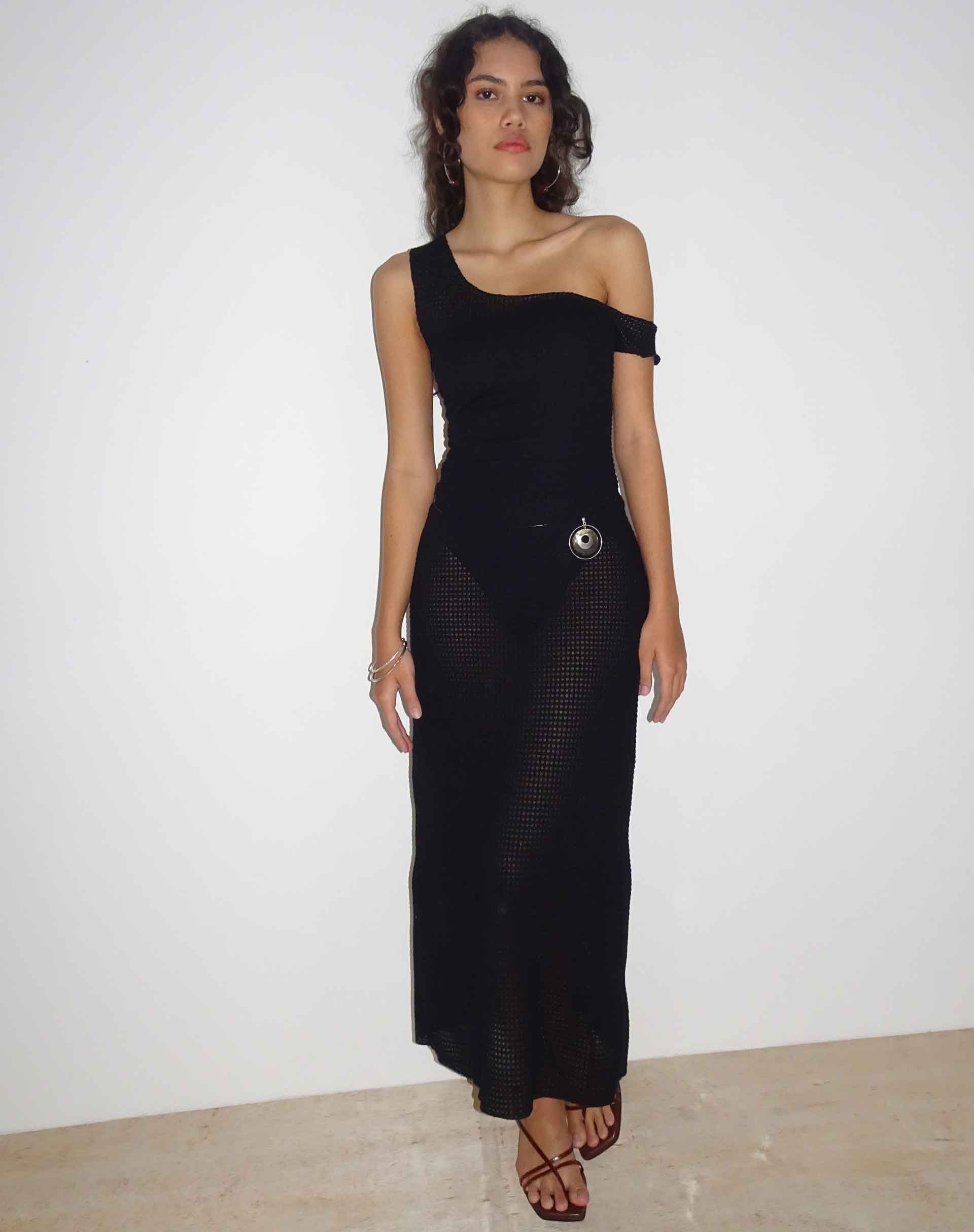 Katja Maxi Dress in Black Textured Crochet - Awmao