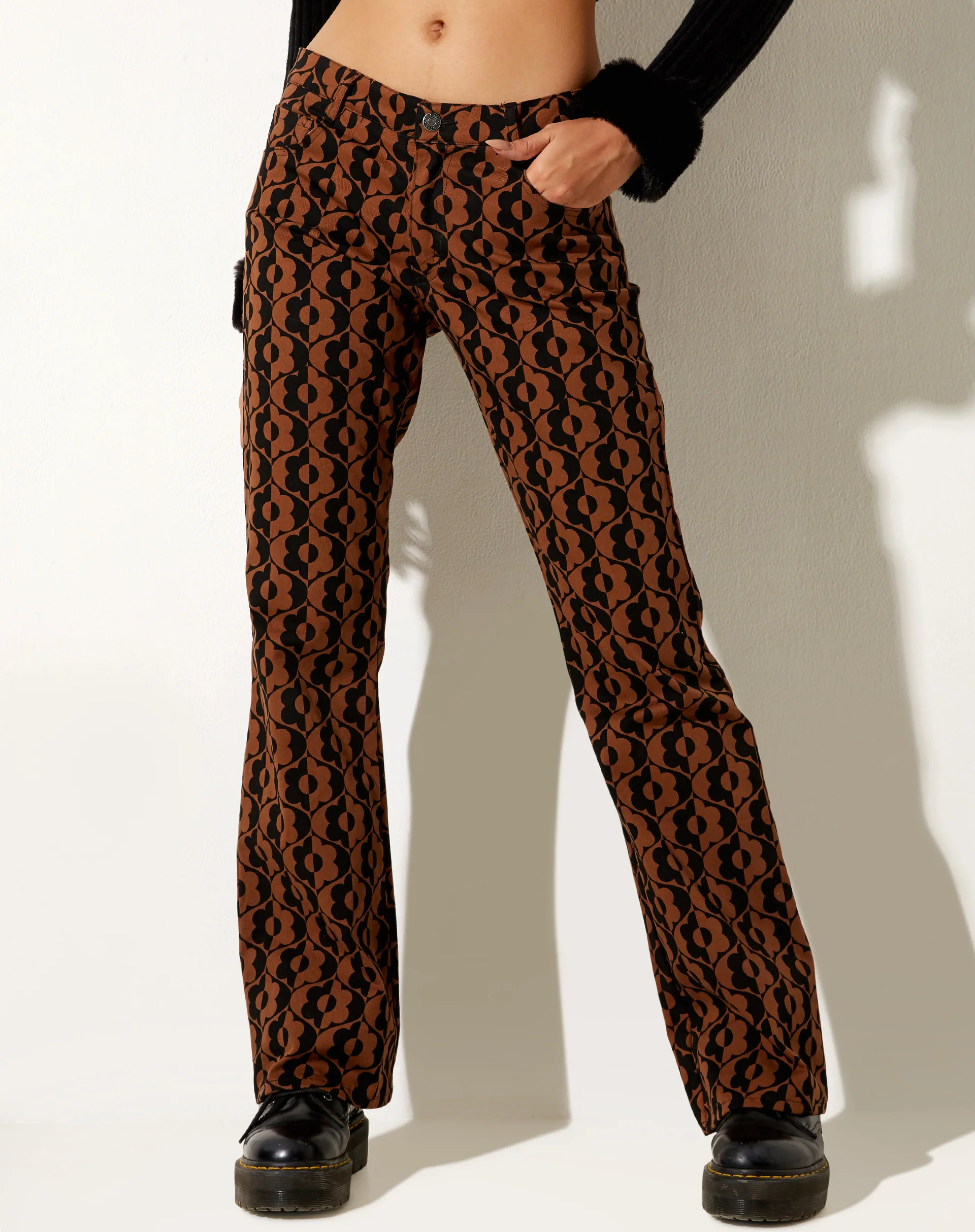 Jopan Flare Trouser in Wavy Flower Brown - Awmao