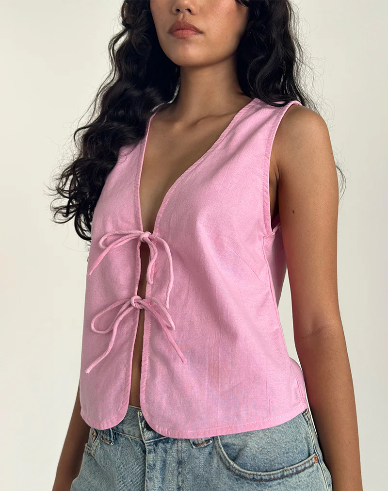 Kayve Tie Front Top in Flamingo Pink - Awmao