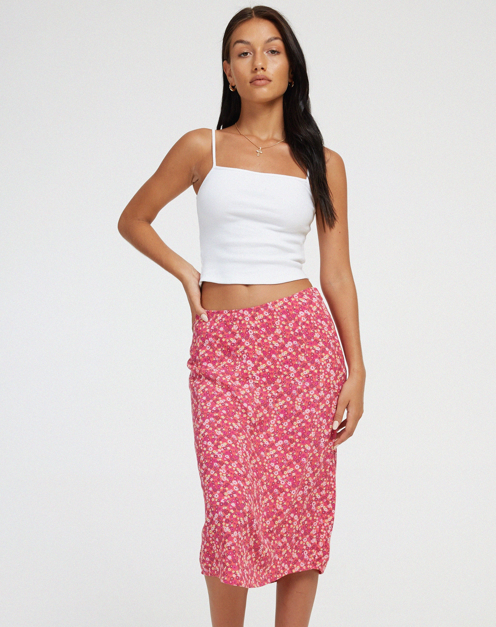 Harriet Midi Skirt in Ditsy Floral Pink - Awmao