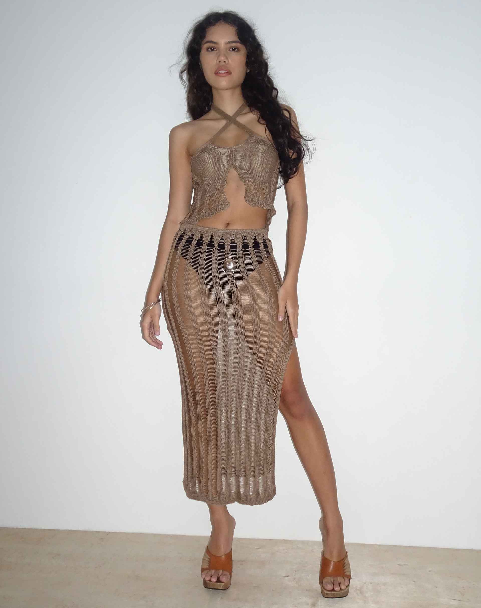 Willa Knitted Midi Skirt in Desert Taupe - Awmao