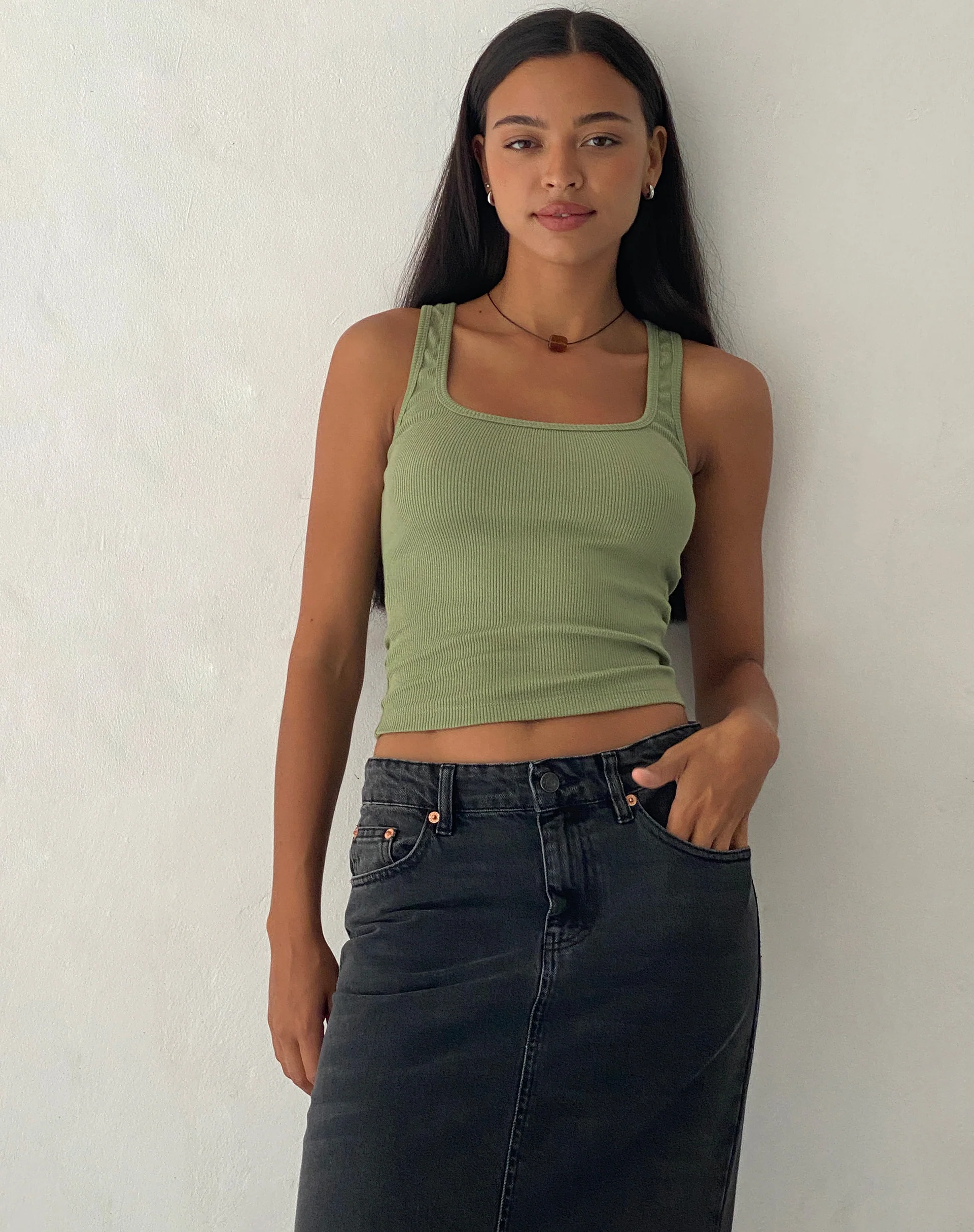 Roxe Ribbed Vest Top in Dark Sage - Awmao