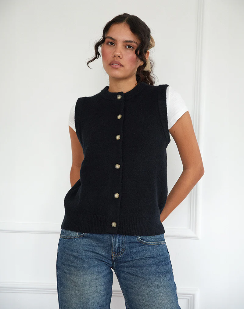 Camira Knitted Button Through Vest in Black - Awmao